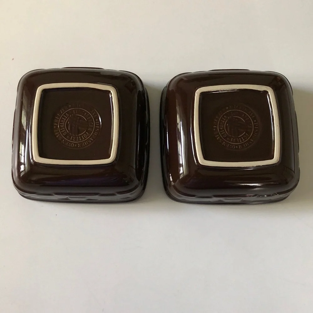Set 2 Longaberger Pottery square bowls classic Woven Traditions chocolate brown